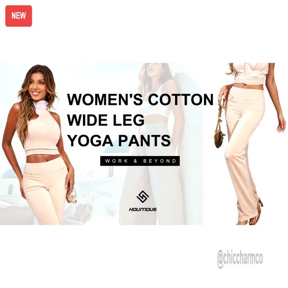 Wide Leg Yoga Pants High Waist Cotton Lounge Trousers with Pockets - Picture 6 of 6